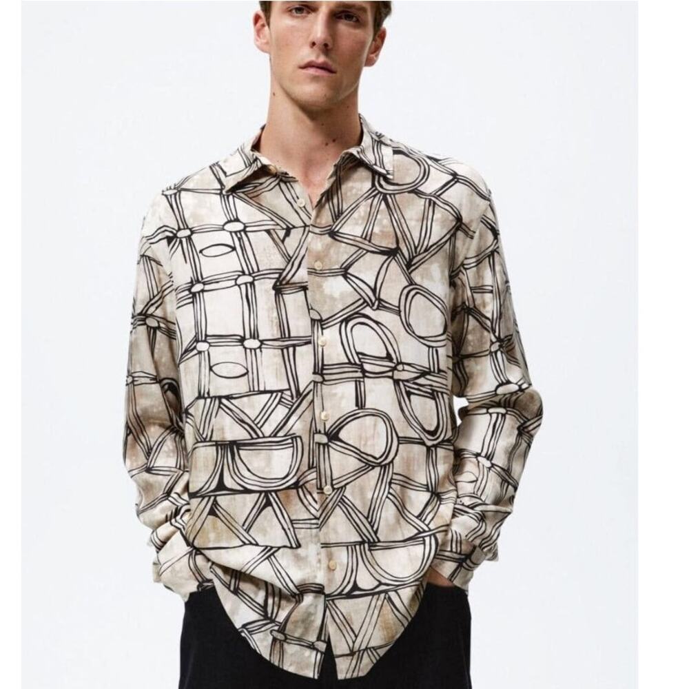 Zara Abstract Print Button Shirt Mens Medium Tan Black Regular Fit Euro Modern